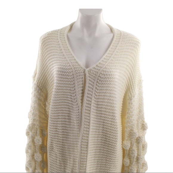 Simply Couture Oversized Beige Open Knit Pom-Pom Sleeve Sweater Cardigan - Picture 2 of 13